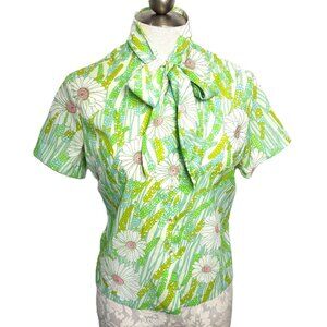 Penny’s Glenbrook 60’s Floral Green White Secretary Blouse with self Bowtie
